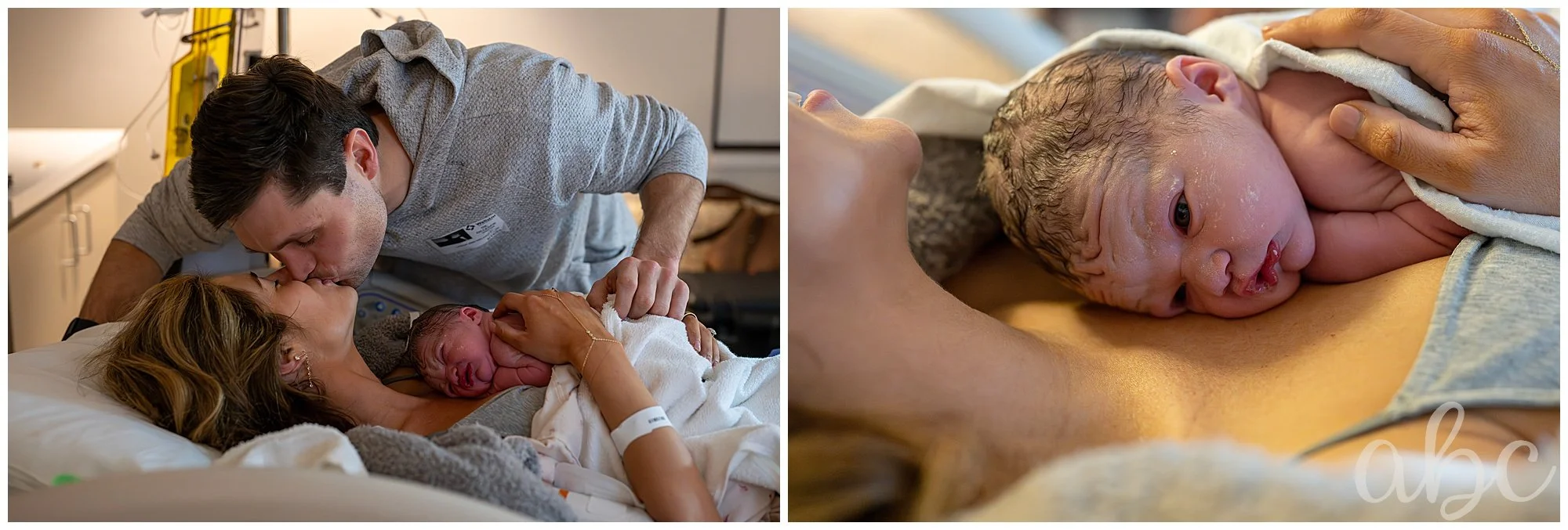 New baby is on mom's chest, having skin-to-skin during golden hour with atlanta doula photographer
