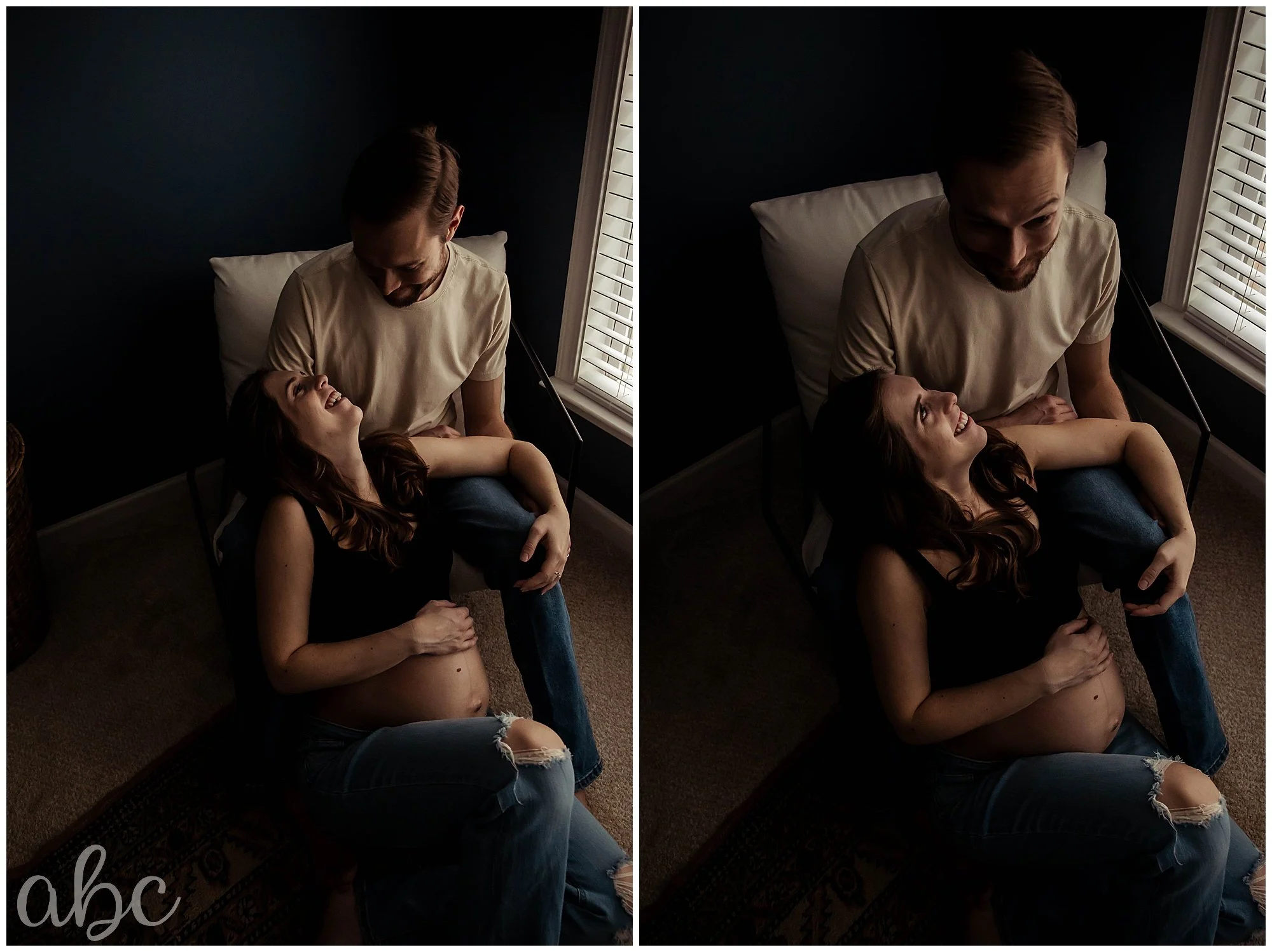 Couple is lounging at home while Woodstock doula photographer tells a joke to get them to laugh