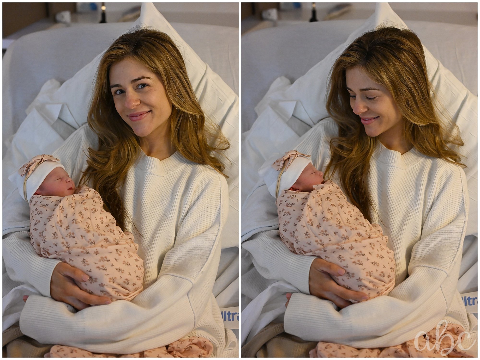 Mother cuddles with her new baby in hospital bed with her atlanta doula photographer