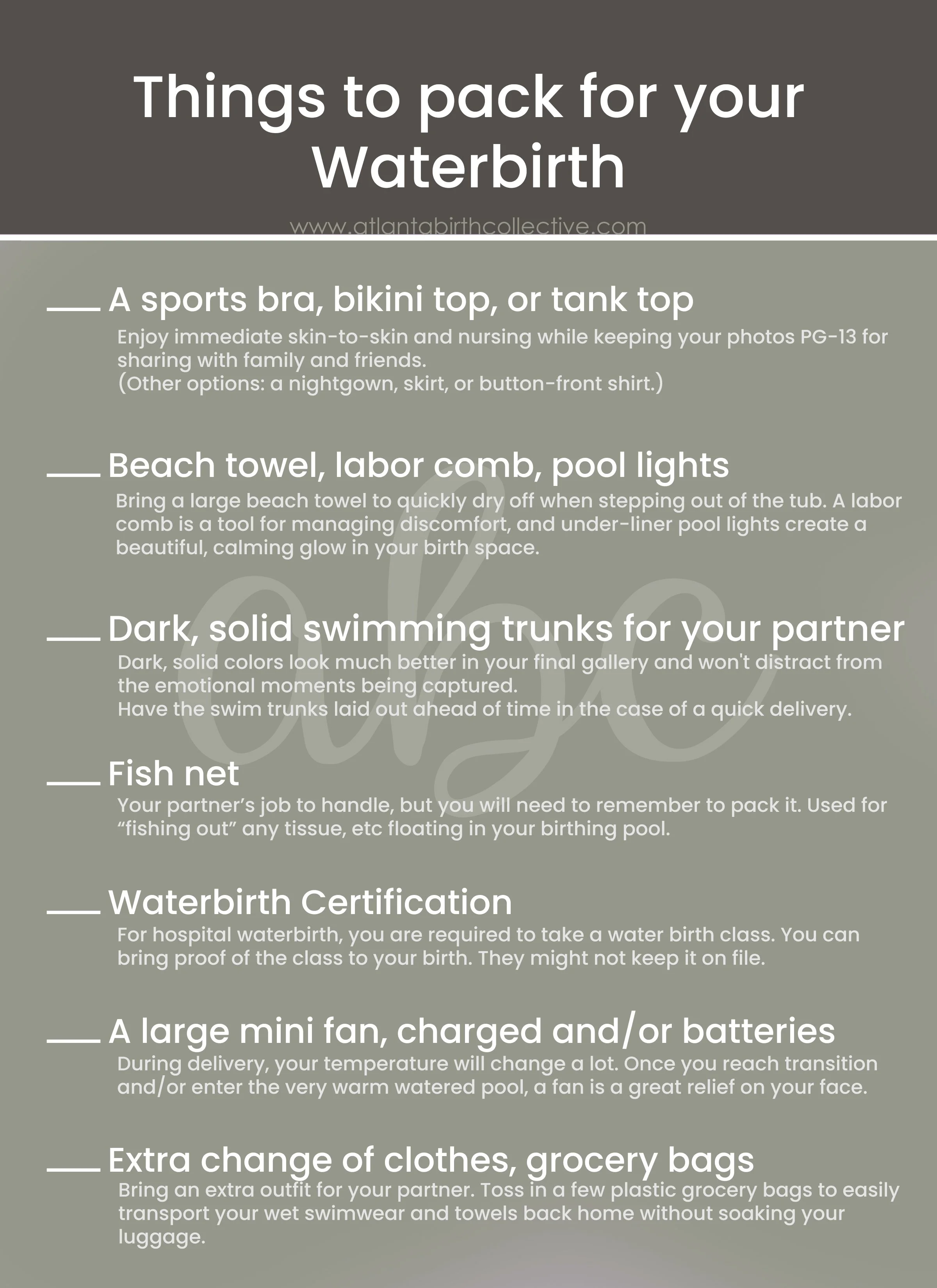 Waterbirth Checklist for North Fulton Hospital in Roswell, GA