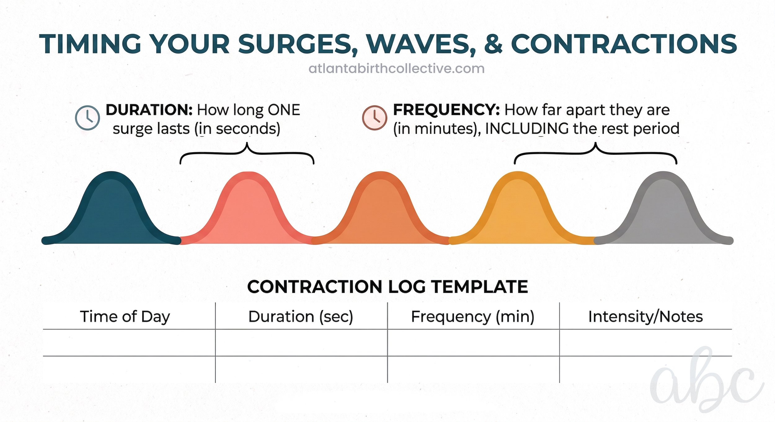 A diagram created by Woodstock Doula Photographers Atlanta Birth Collective on how to time contractions