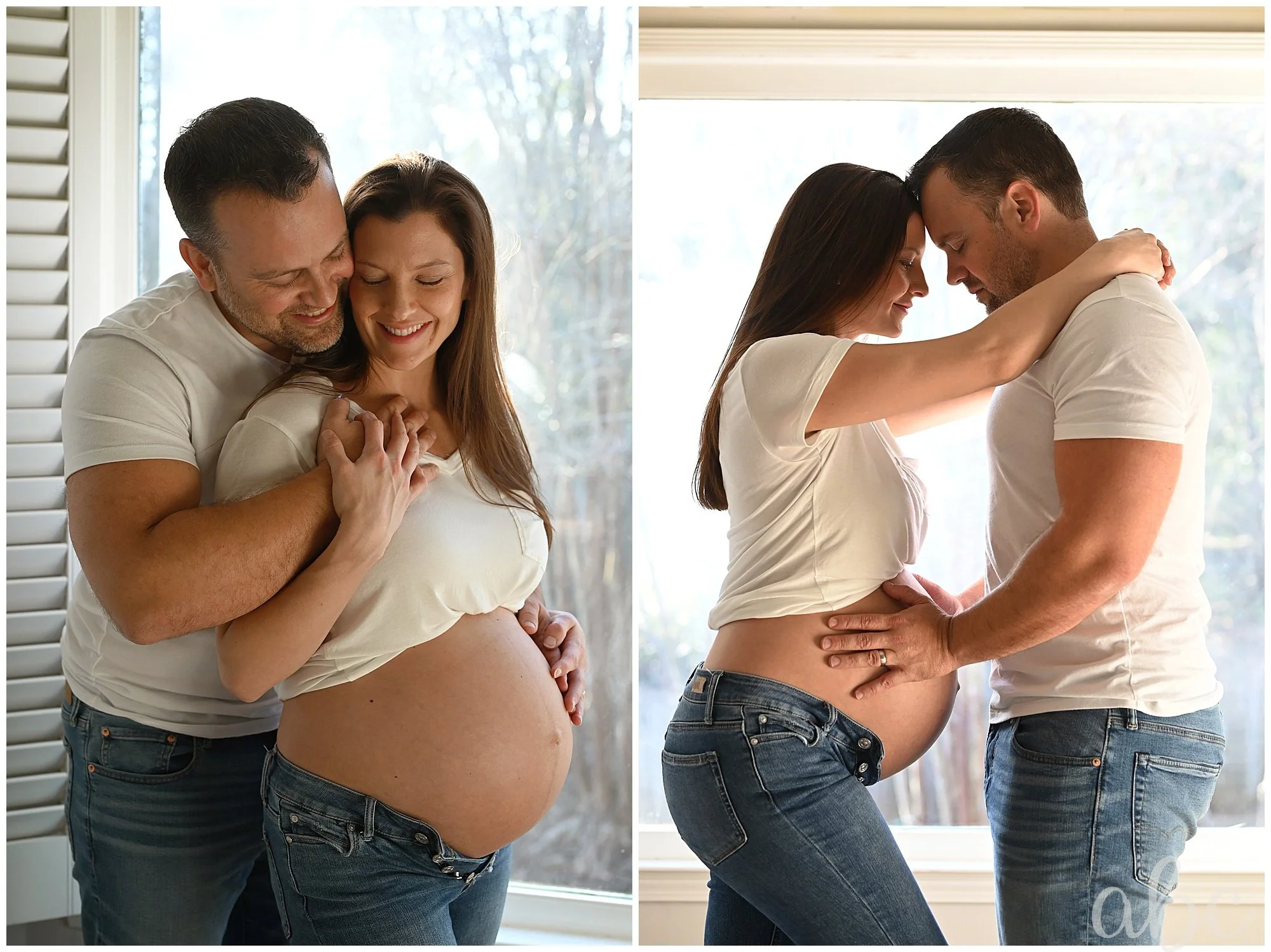 Doula photographer in woodstock takes in home maternity photos of couple cuddling by the window