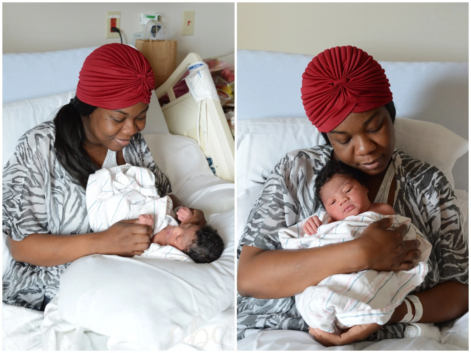 Woodstock doula photographs Mom in hospital bed with newborn baby.