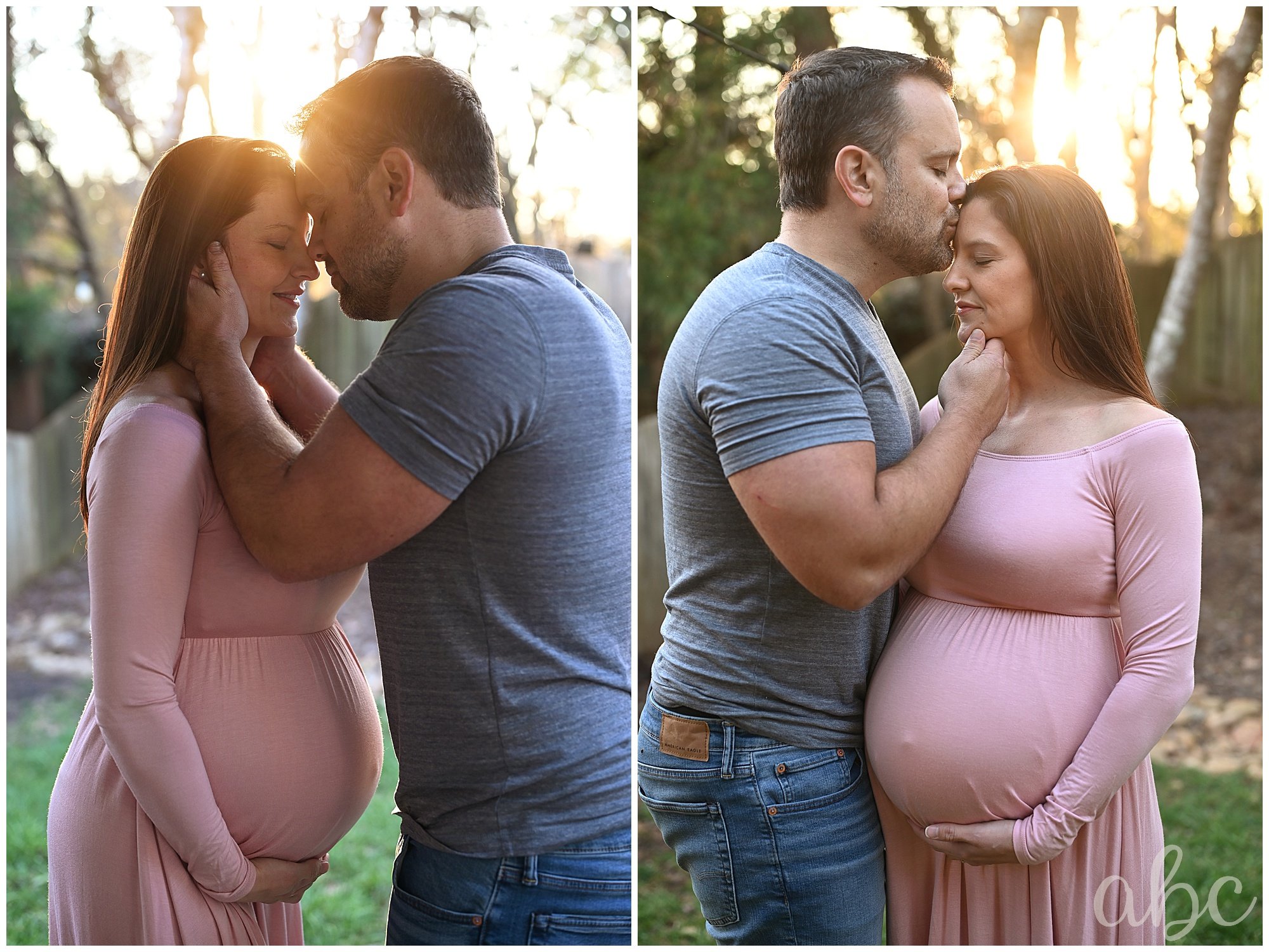 pregnant couple kiss in golden hour while woodstock doula takes photos