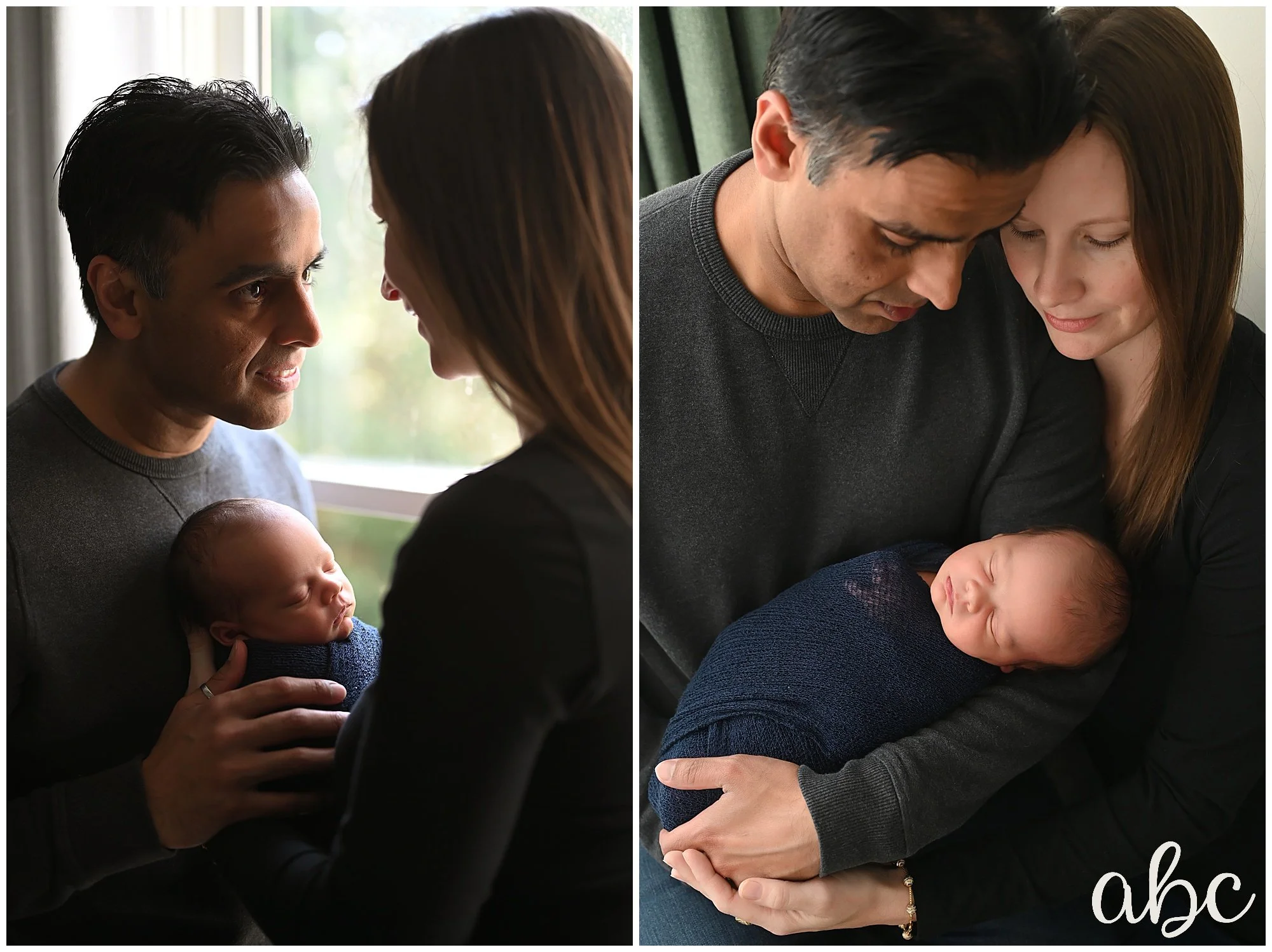 Mom and dad cuddle their new baby at a newborn session with Roswell doula photographer
