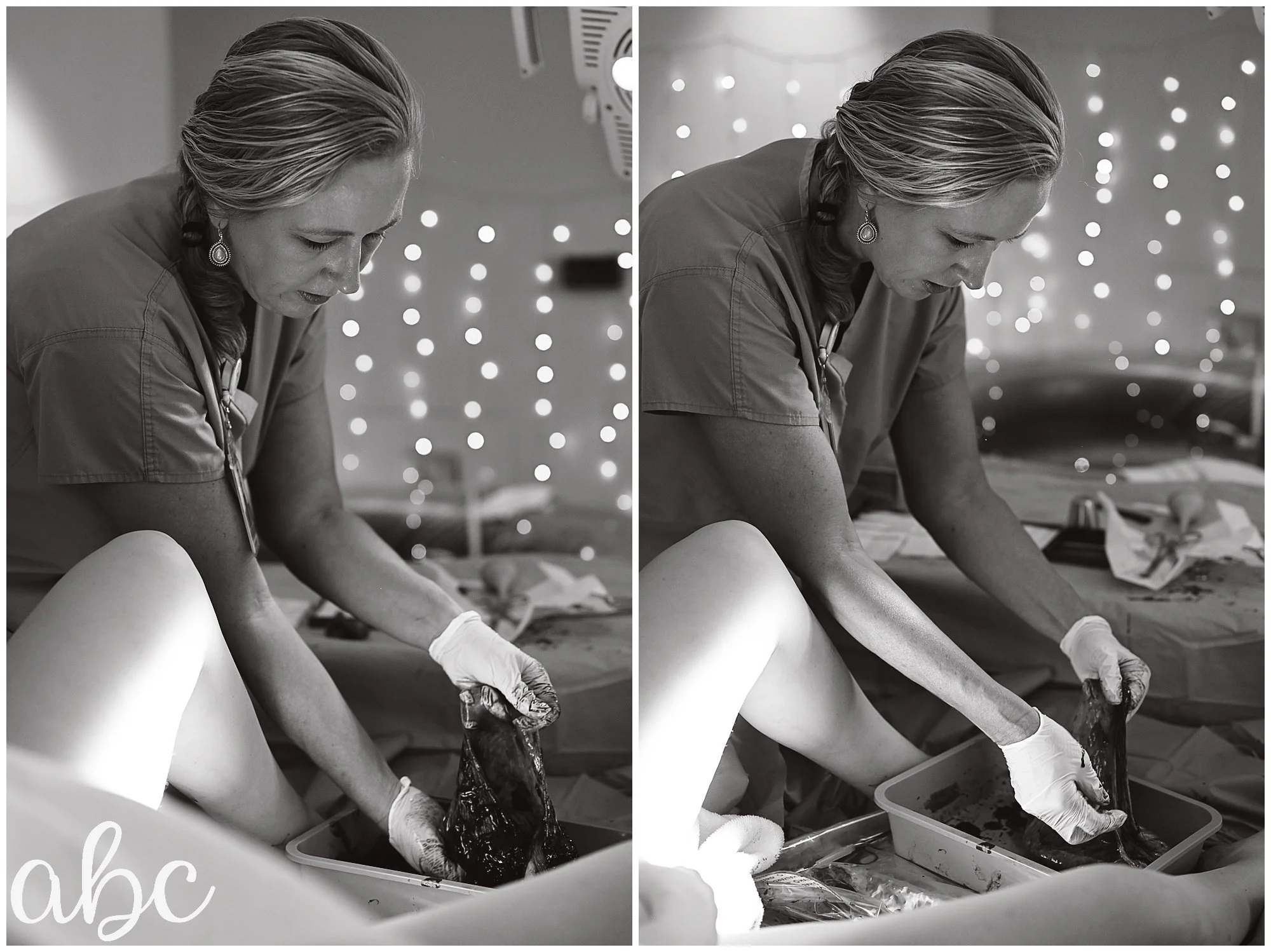 Midwife examines placenta health with Woodstock Doula Photographer