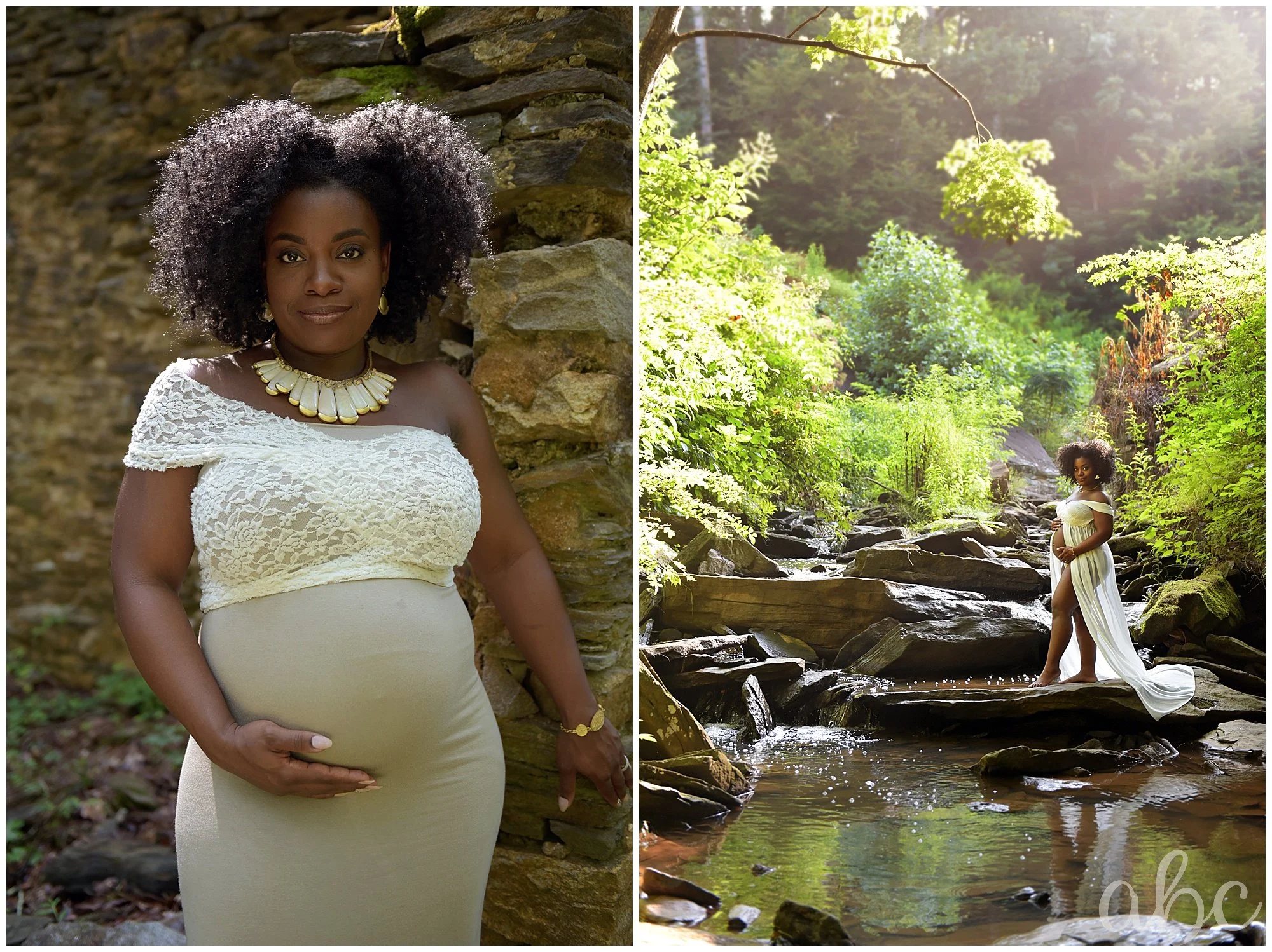 Pregnant mom poses at Sope Creek in Marietta, GA with her doula photographer