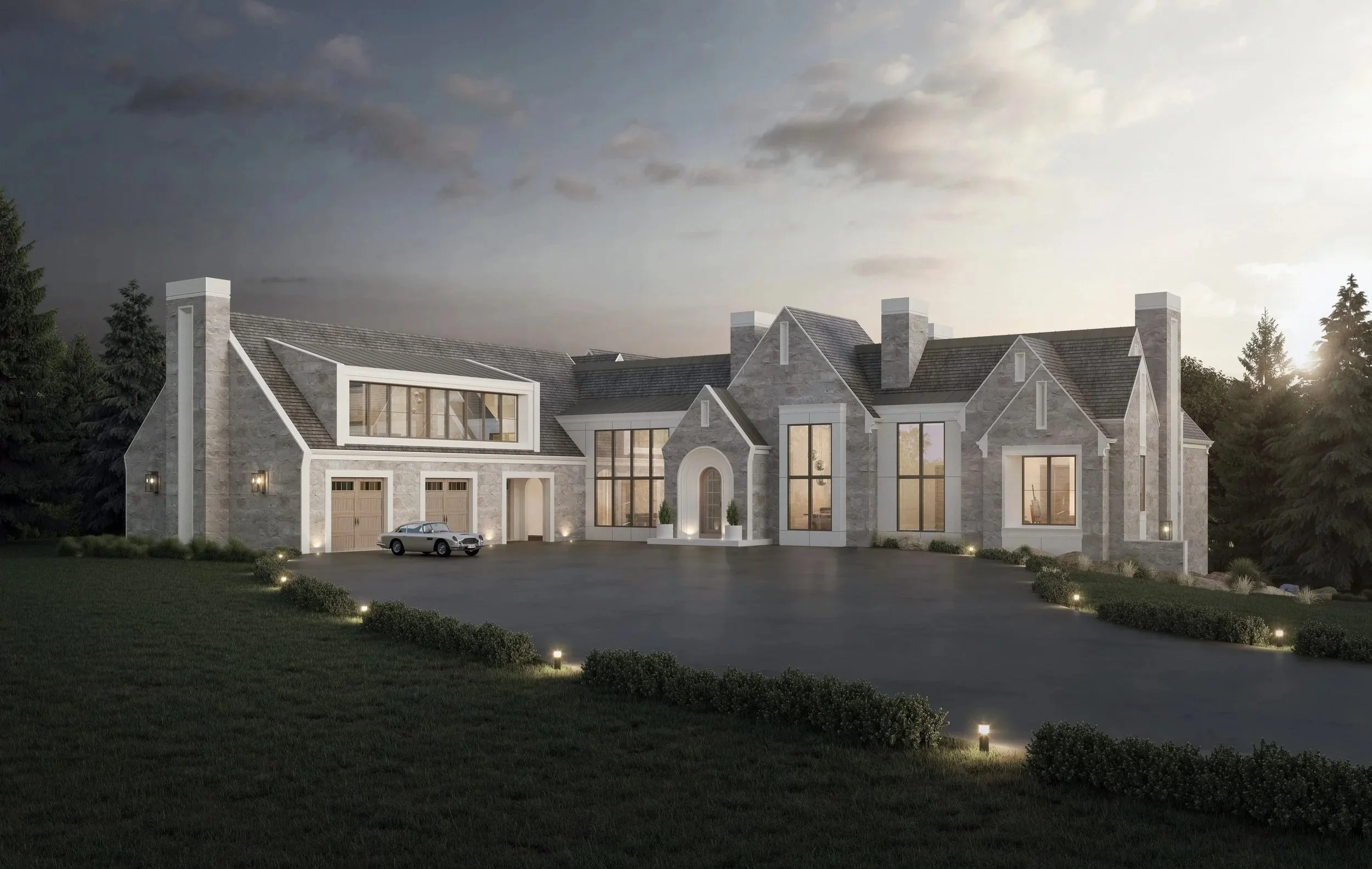 Front exterior of 10,520 sq ft traditional estate-style home with steep gable roofs, asymmetrical facade, and expansive windows in the Foothills