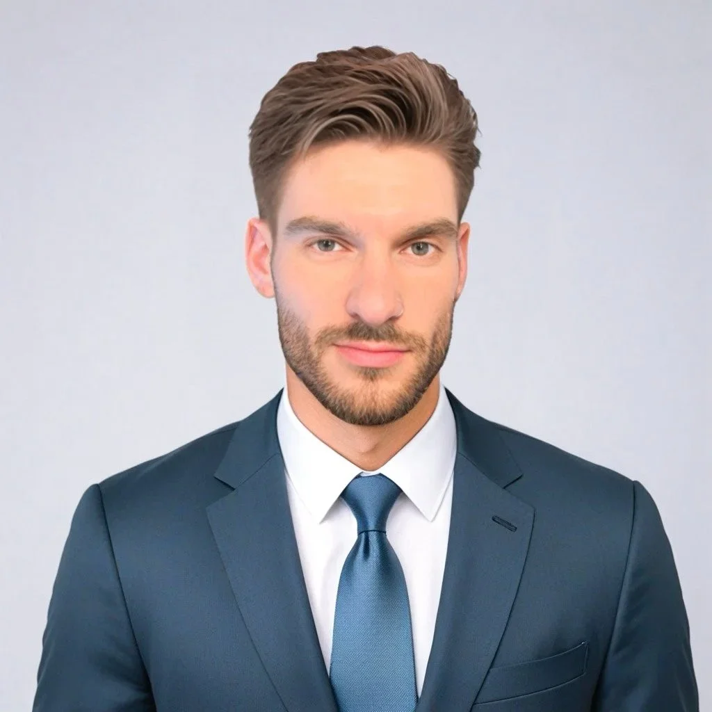 A young man with brown hair, a beard, wearing a dark blue suit, white shirt, and blue tie, standing against a light gray background.