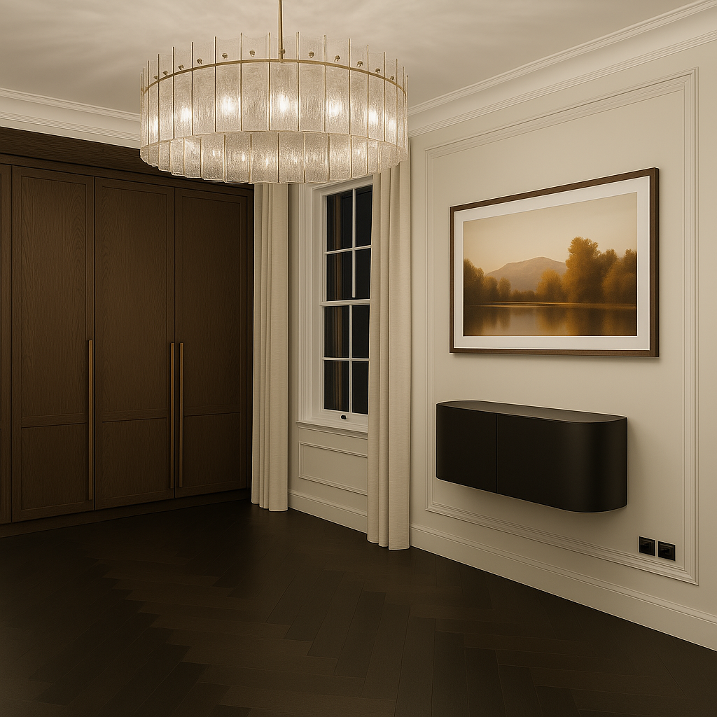 Modern living room corner with a large circular chandelier, wooden wardrobe with long gold handles, framed landscape art, and a black wall-mounted cabinet next to a window with cream curtains.