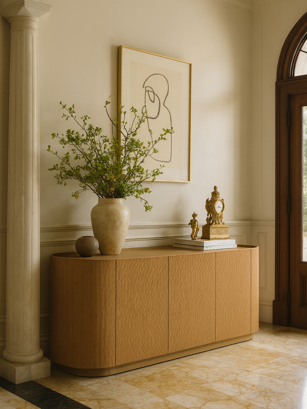 Interior of a room with a wooden sideboard decorated with a large vase holding green branches, a small round vase, an ornate clock, and a few books. Wall art with a simple line drawing in a gold frame hangs above. A column and wooden door are visible.