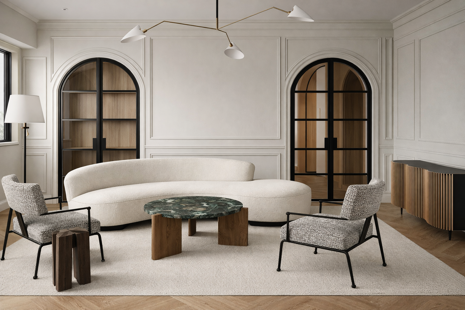 Modern living room with a cream curved sofa, two patterned chairs, a round green marble coffee table, a sideboard with gold accents, and arched window and door with black frames, illuminated by natural light.