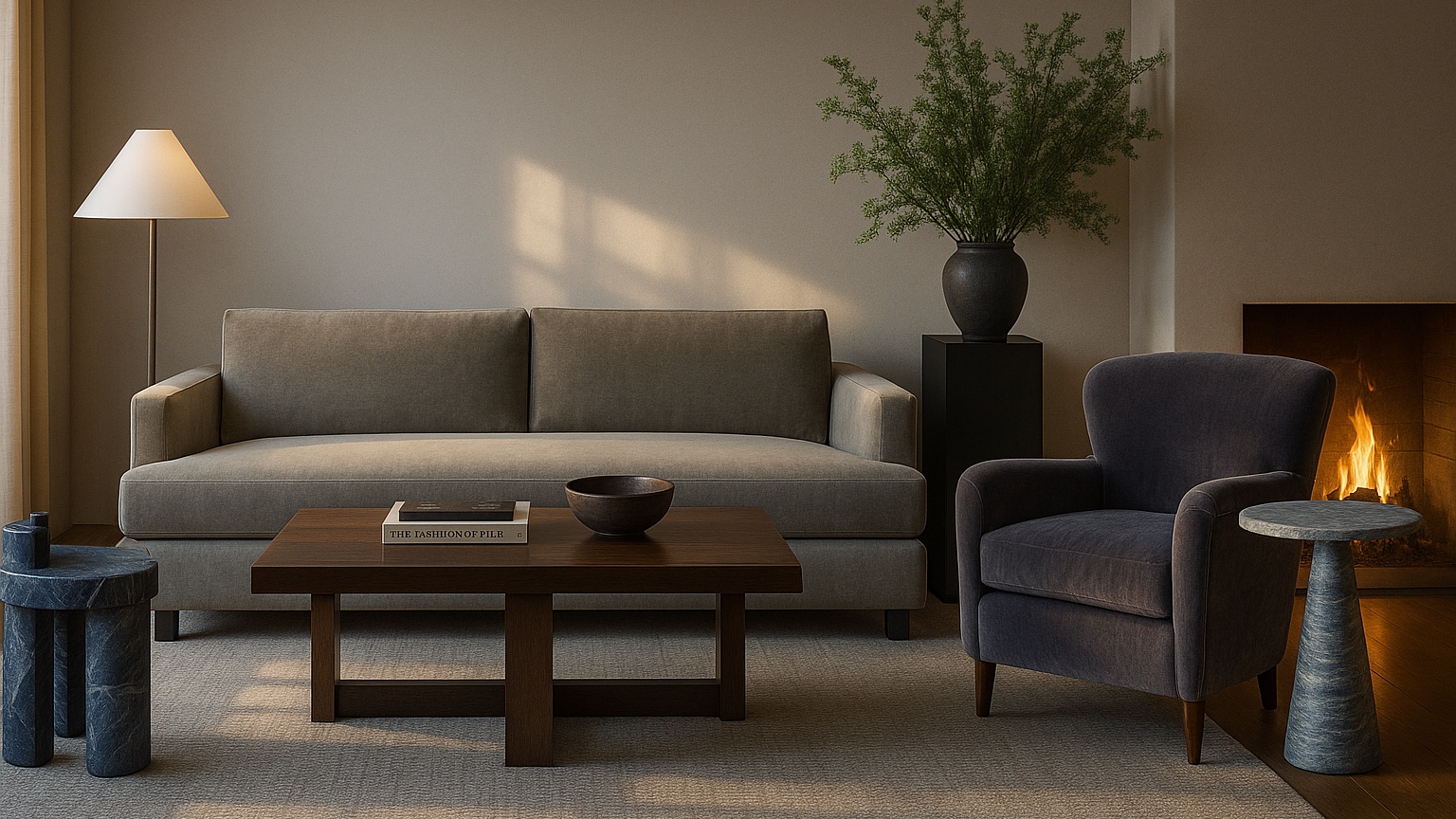 Decorative beige sideboard with a potted green plant, a small black bowl, and a stack of books, set against a wall with framed abstract artwork, in a room with wooden floors and a dark green door.
