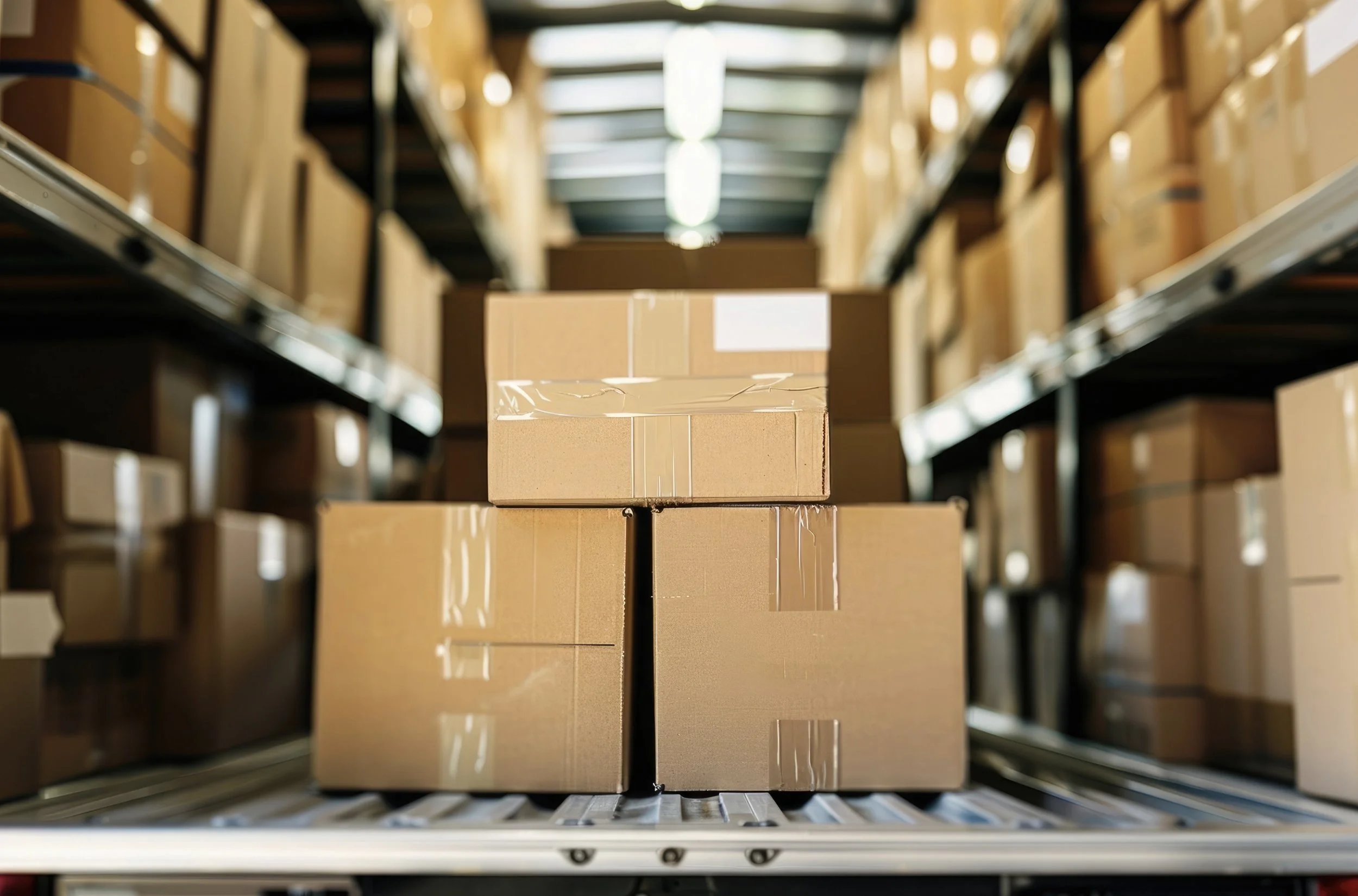 Boxes stacked on metal shelves in a warehouse.