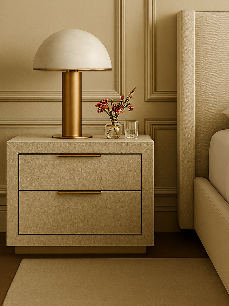 A beige nightstand with two drawers, topped with a modern white and gold marble table lamp, a small glass vase with red flowers, and a glass of water. Part of a beige upholstered bed and cream-colored decorative wall paneling are also visible.