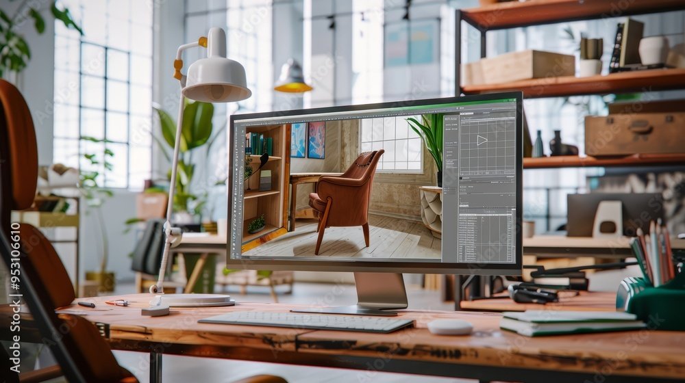 A computer monitor displaying a room design with a wooden cabinet, brown armchair, and large window in a bright, modern workspace with bookshelves and plants.