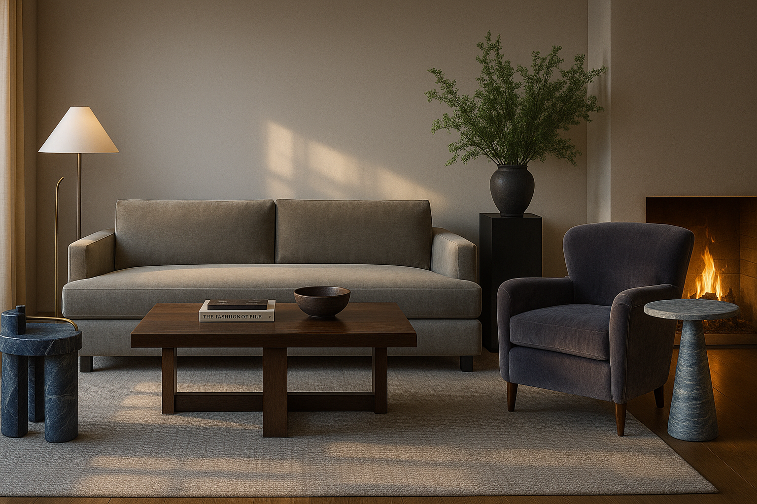 Modern living room with a beige sofa, dark armchair, wooden coffee table, side tables, a lamp, a large potted plant, and a fireplace