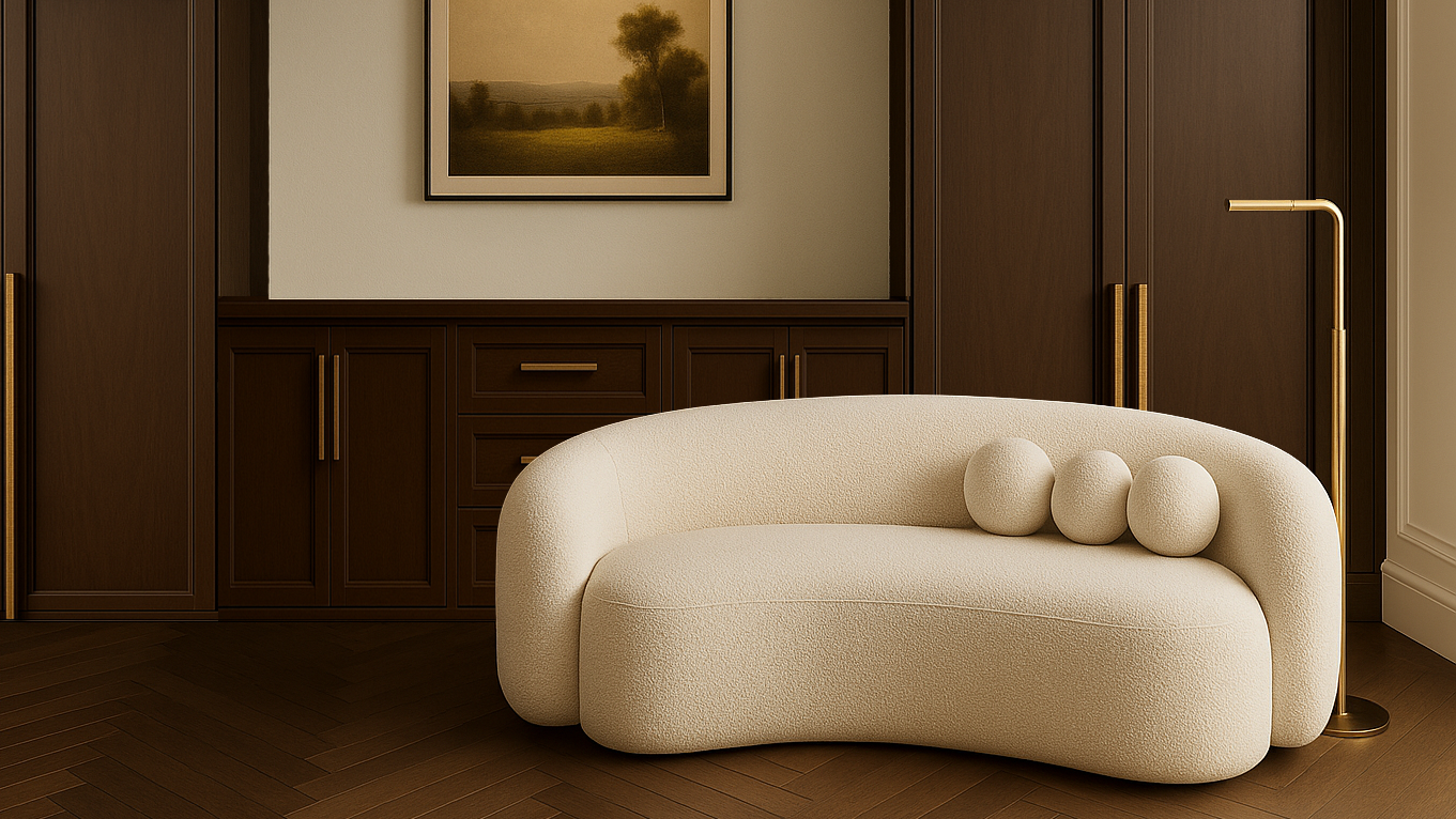 Warm Wood and Brass Millwork Cabinetry Curved Sofa Boucle Lighting.png