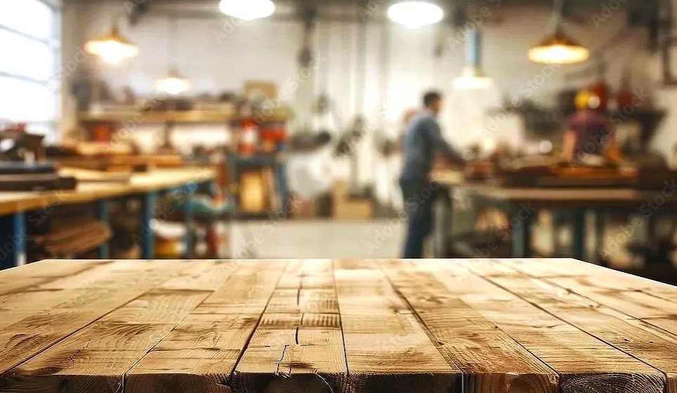 Wooden workbench in a woodworking workshop with blurred people and tools in the background.