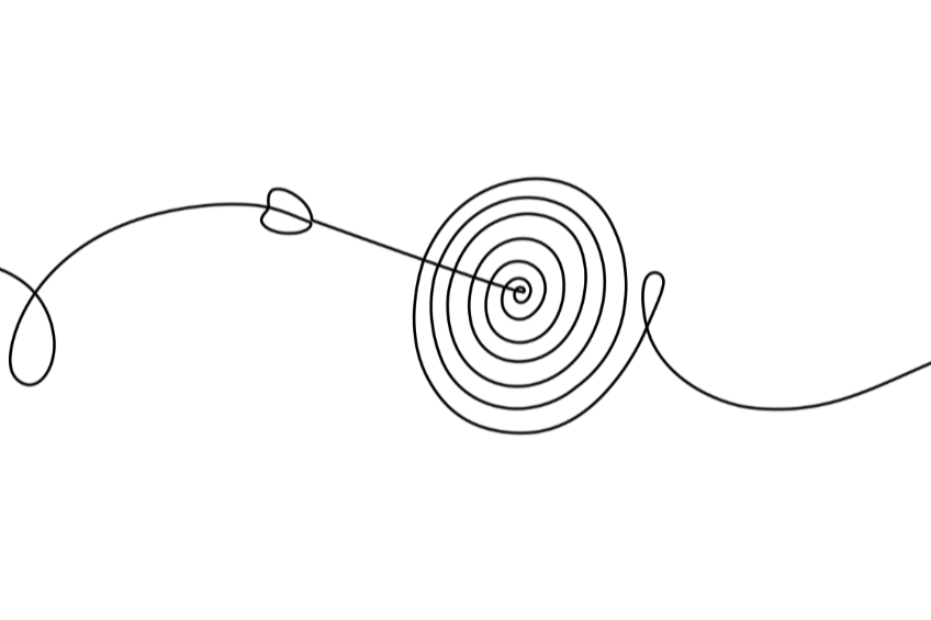 A single continuous black line sketch of a map pin locator with a circle inside, placed on a curved horizontal line representing the ground or a road.