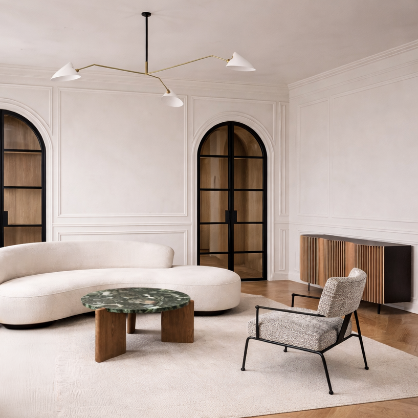 Modern living room with white curved sofa, two armchairs with black metal frames, a round marble-top coffee table, wooden side table, and elegant paneling on white walls with black arched double doors.