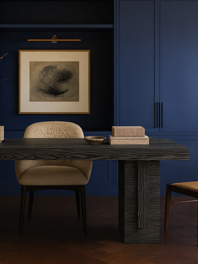 A modern dining room with dark blue built-in cabinets, a wooden table, an upholstered chair, a framed abstract art piece, and a wooden side chair.