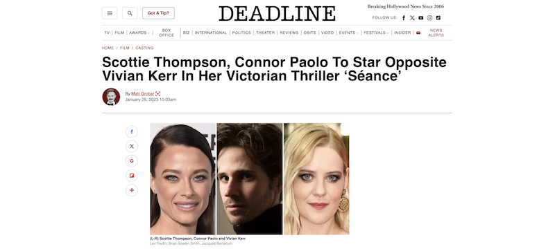Scottie Thompson, Connor Paolo To Star Opposite Vivian Kerr In Her Victorian Thriller ‘Séance’