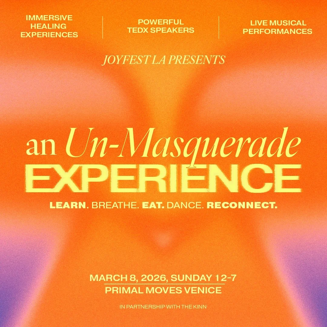 Event flyer with orange and purple hues, advertising an Un-Masquerade Experience on March 8, 2026, in Venice.