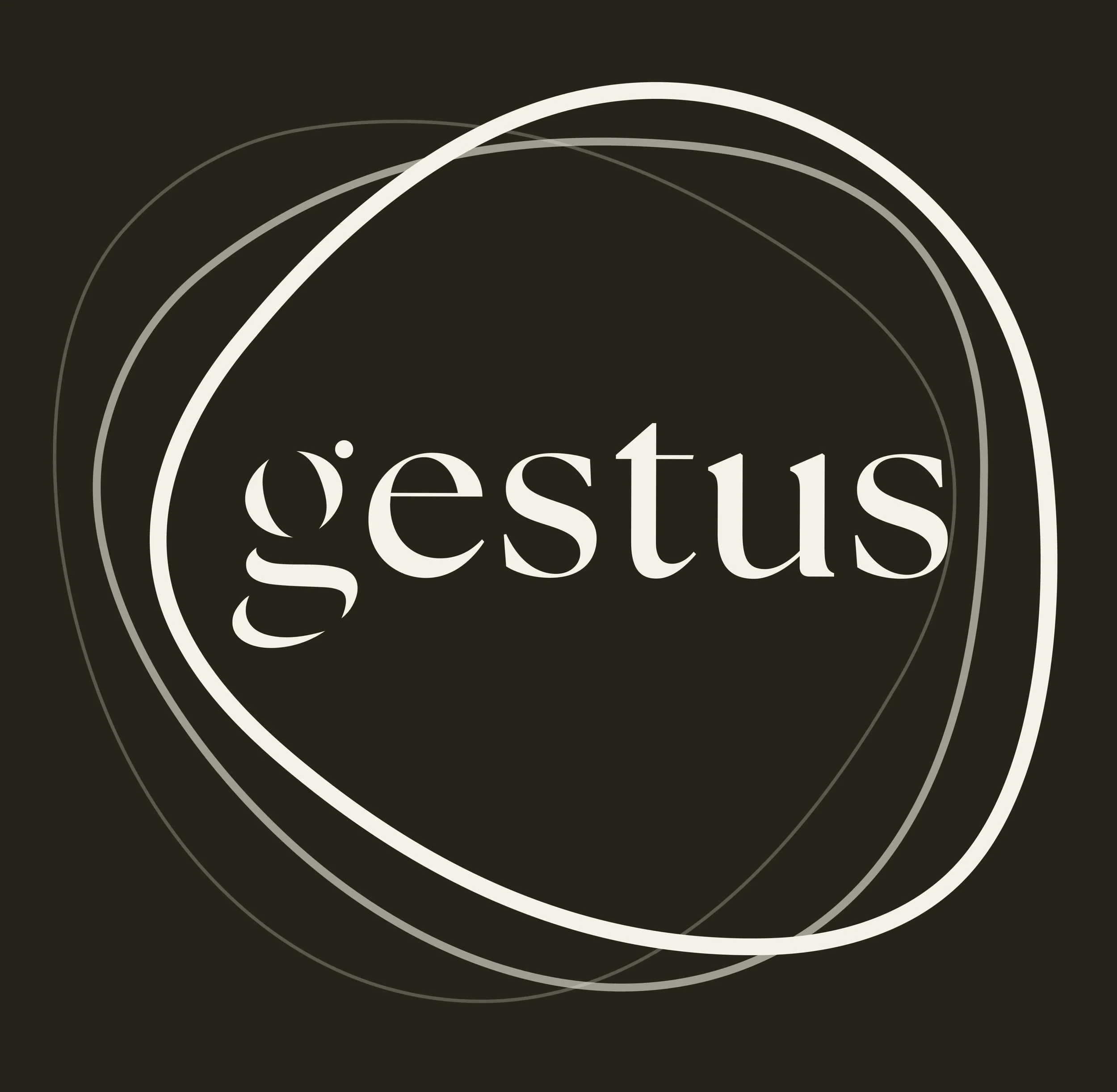 Three misshapen somewhat concentric circles, the first more faint and slightly behind the second becoming more solid, and then the last fully solid surrounding the text  'gestus'. Text and logo are white against ink background.