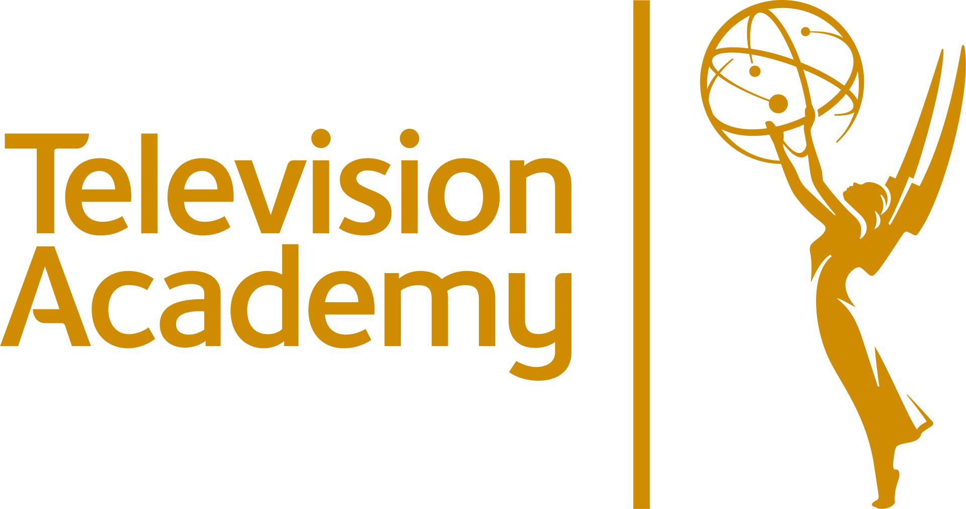 Logo of the Television Academy featuring a stylized figure of a person holding a globe with orbits around it, in gold color, with the words 'Television Academy' next to it.