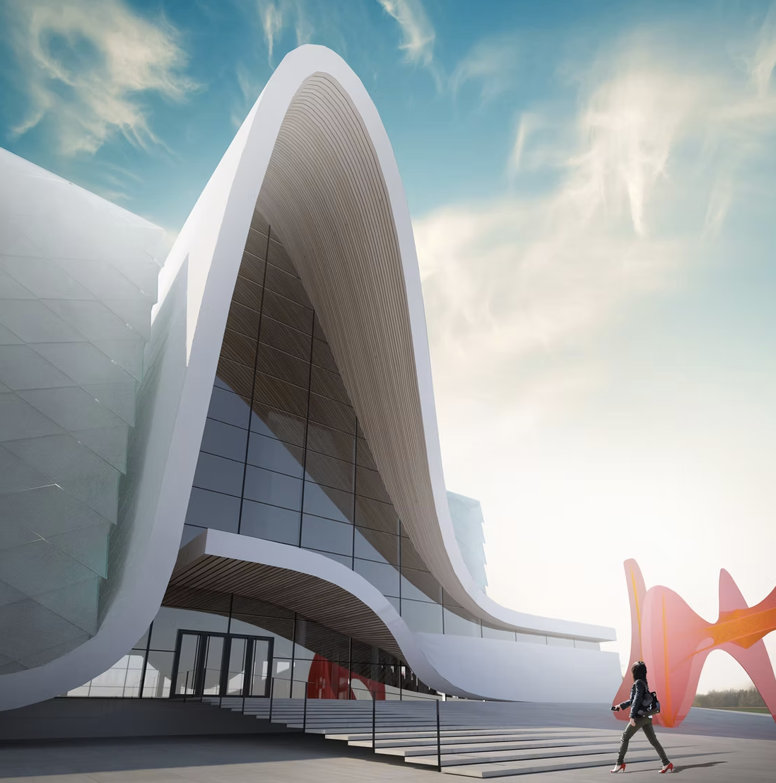 Modern building with curved, futuristic architecture and large glass windows, set against a partly cloudy sky with a person walking nearby.