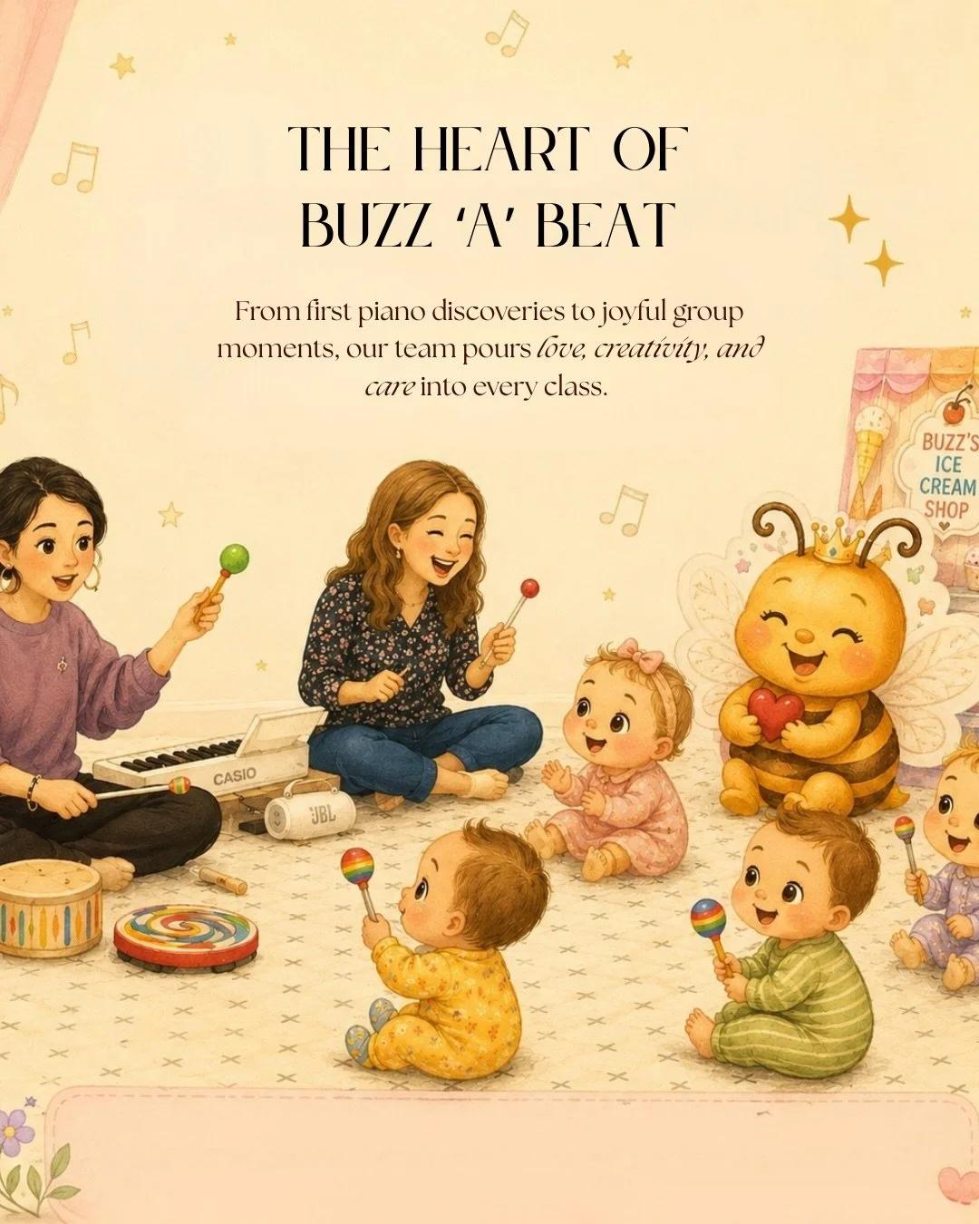 The heart of Buzz &lsquo;A&rsquo; Beat is our people 💛
Our teachers bring music to life through love, creativity, and connection, creating a space where little ones can truly shine.

From first notes to joyful group moments, every class is filled wi