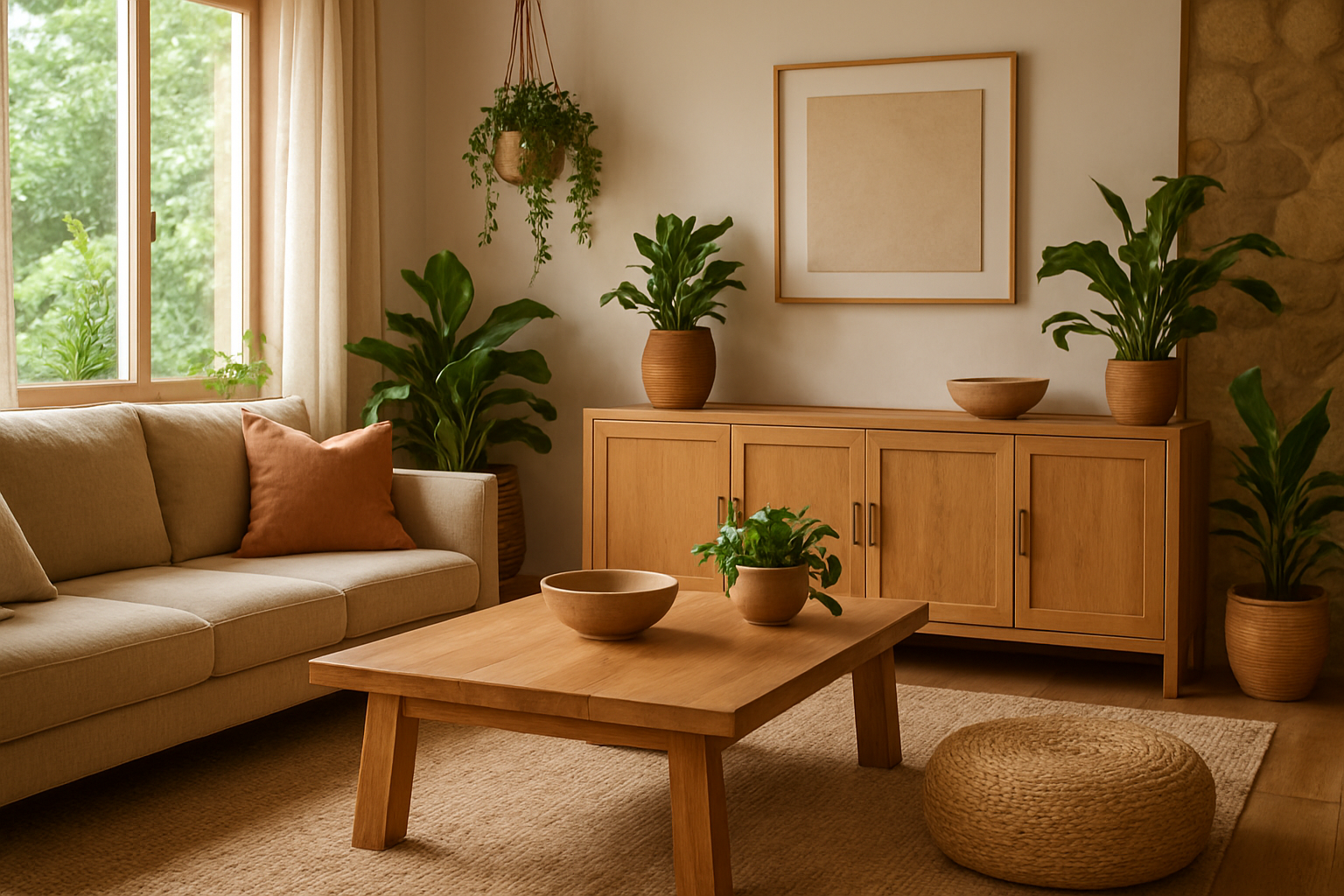 Living room with a beige sofa, a wooden coffee table, a sideboard, various green potted plants, a window with curtains, and minimal wall art in a neutral color palette.