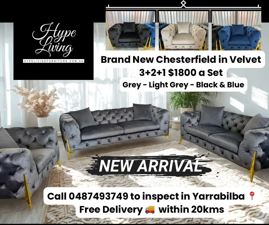 BRAND NEW CHESTERFIELD SET IN VELVET ⚡️ $1800
3+2+1 Seater Sets Available in Grey, Light Grey, Black and Blue ‼️ Can also order different sizes to suit YOU!
Book an inspection with us ASAP because our pre orders have flown out the door already! 💨
De