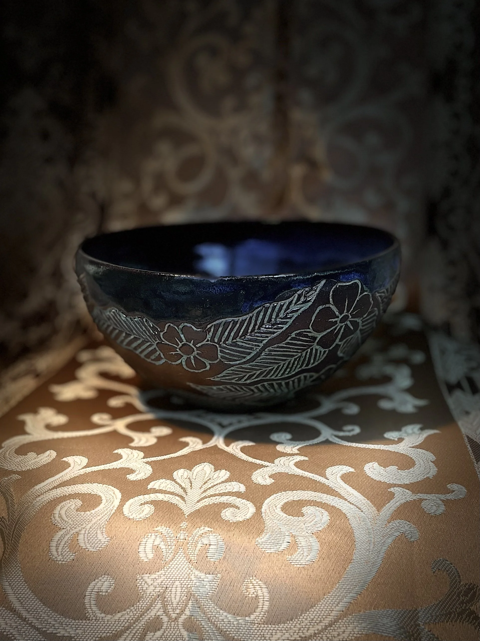 Artisan Carved Ceramic Bowl with Turquoise Inlay