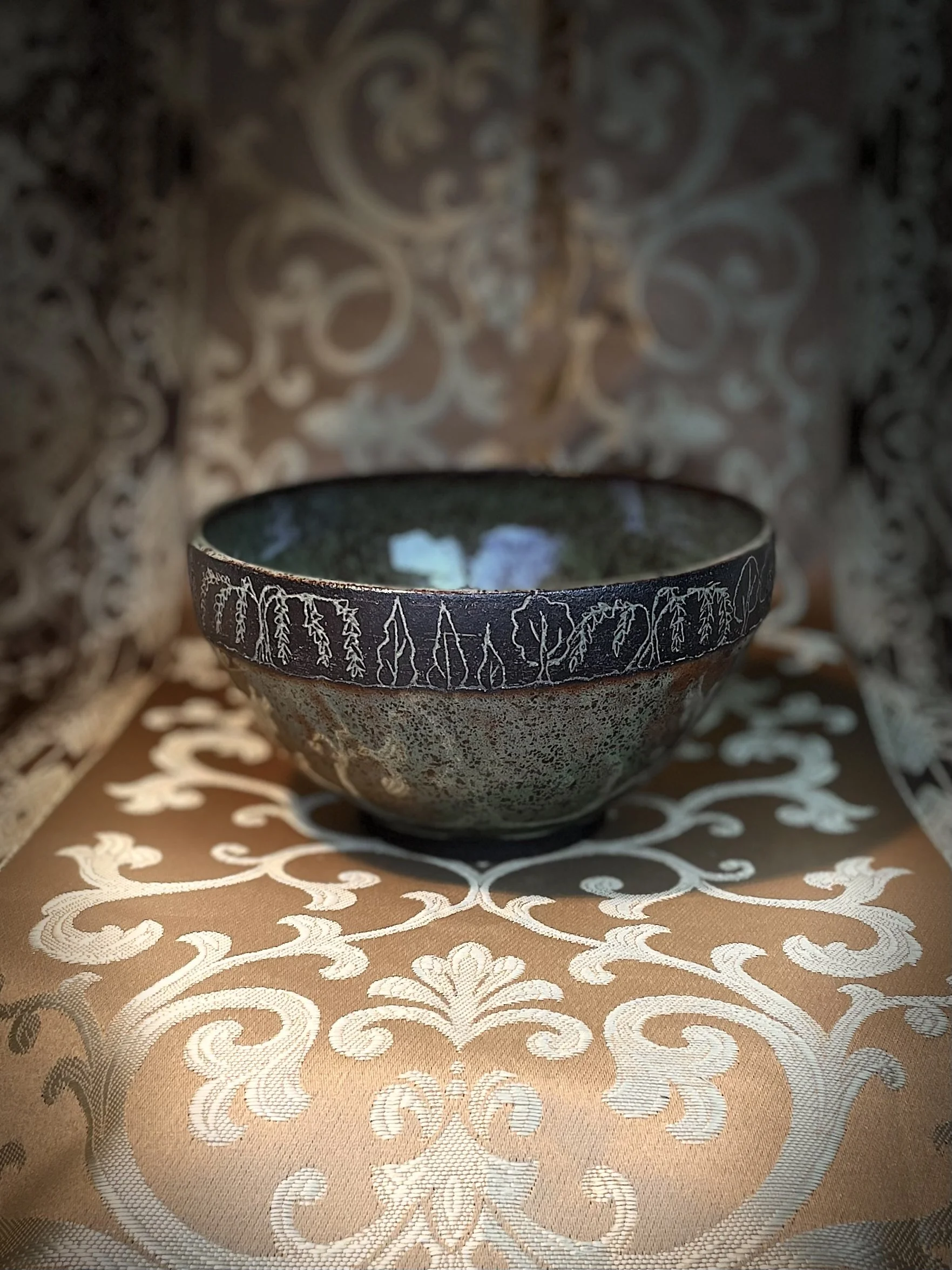 Moss Green Ceramic Bowl with Carved Tree Design