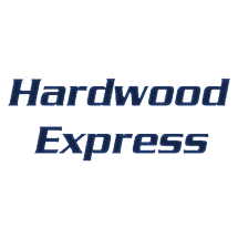 Hardwood Express logo with stylized blue text on a black background.