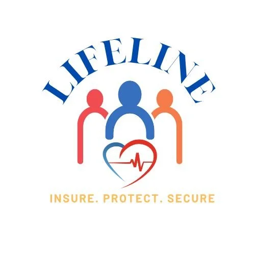 Logo for LifeLine featuring three stylized human figures in red, blue, and orange, with a heart and heartbeat line, along with the tagline 'INSURE. PROTECT. SECURE' in gold.