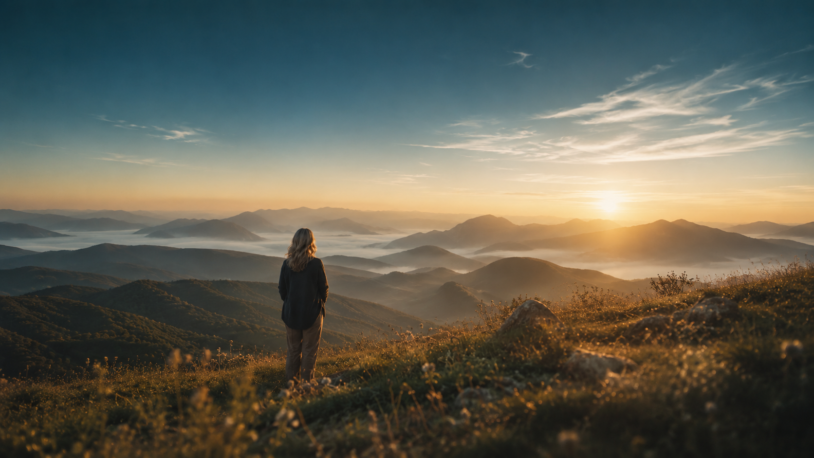 Woman standing on a hillside at sunrise overlooking mountain ranges — representing The Horizon Method at Lumina Health & Wellness