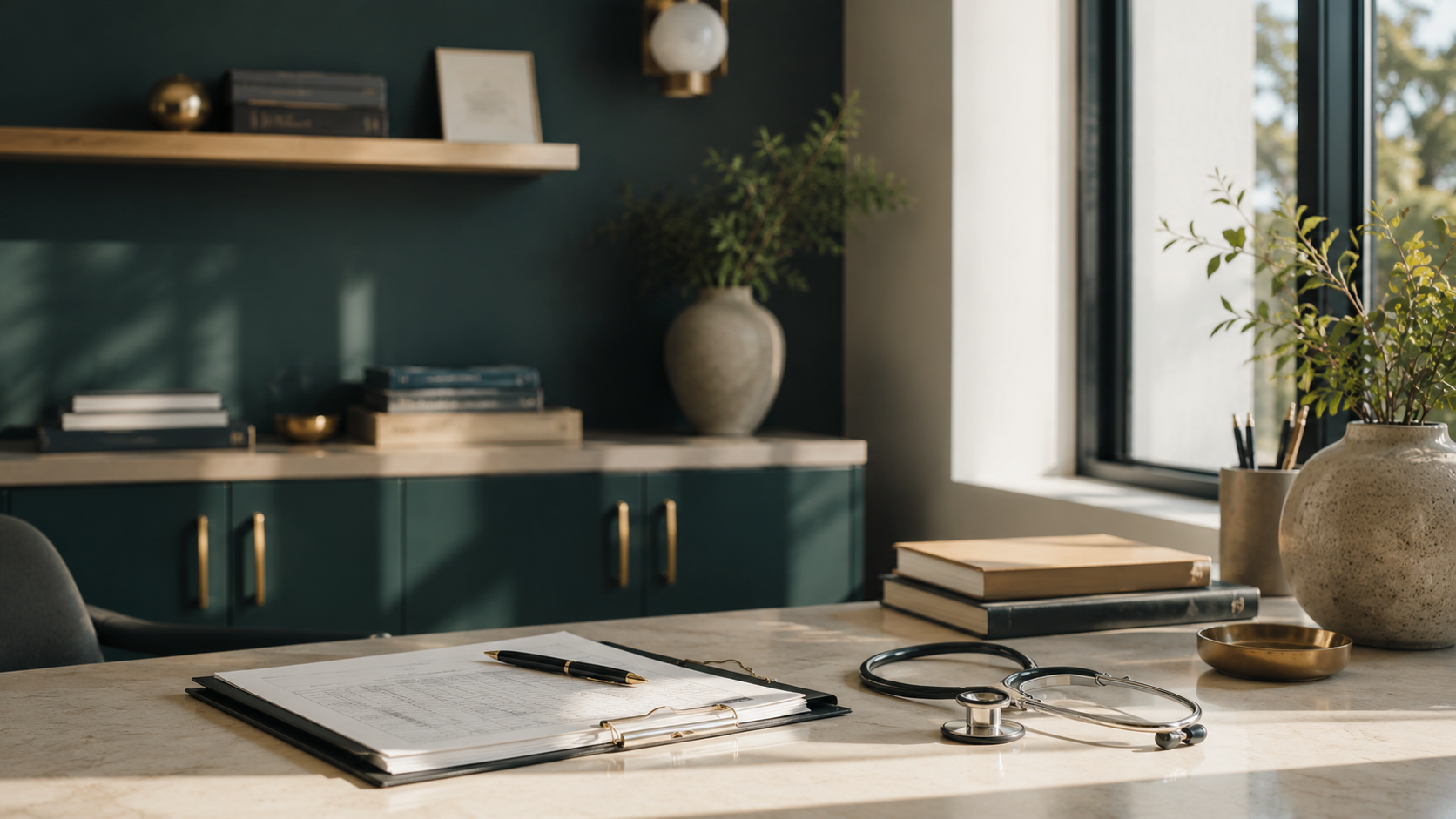A medical office desk with a stethoscope, a clipboard with papers, and a pen. Behind it, there are books, potted plants, and decorative items on shelves near a large window.