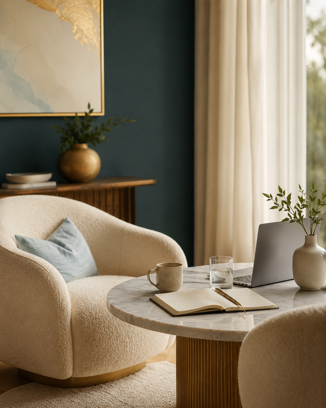 A cozy living room corner with a round marble table holding a laptop, a glass of water, an open notebook with a pen, a ceramic mug, and a vase with green leaves. An off-white, textured armchair with a light blue pillow is next to the table. In the background, there is a wooden sideboard with a potted plant and books, a large map on the wall, and floor-to-ceiling curtains beside a window with sunlight streaming in.