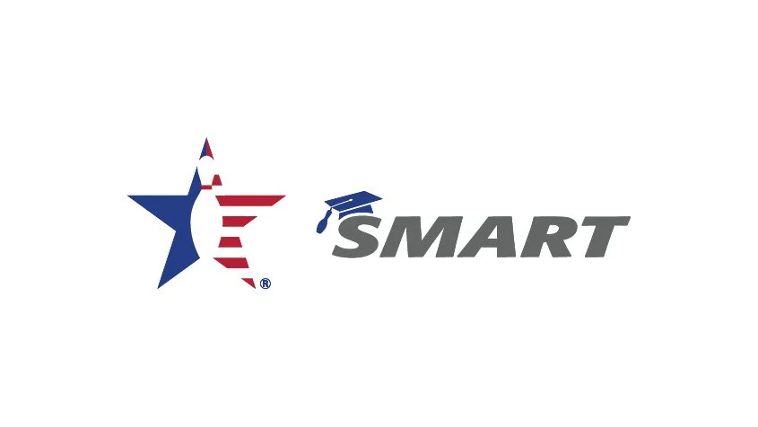 The logo of USA Star with a bowling pin inside it, with the word "SMART" and a graduation cap.