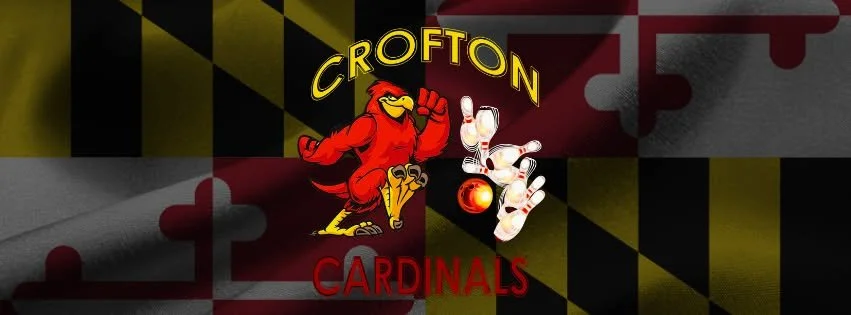 A logo featuring a cartoon cardinal with a raised fist, with the words 'CROFTON CARDINALS' and a background of the Maryland state flag.