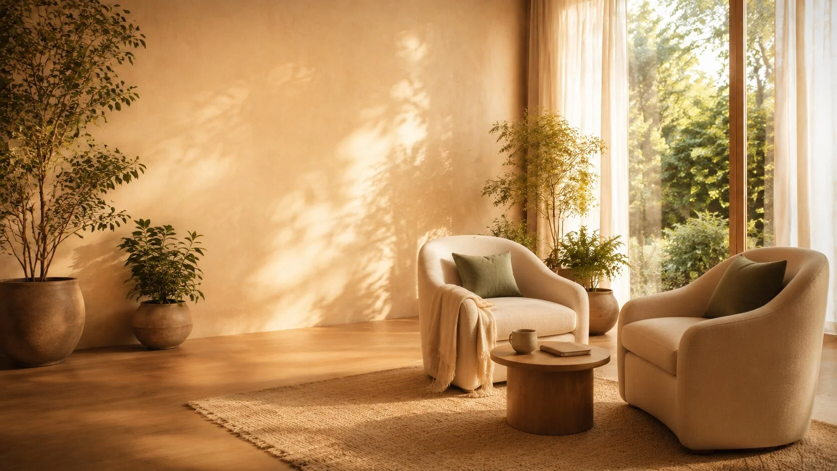Warm, sunlit therapy room with two cream armchairs, natural plants and a garden window at Calm Mind Therapy