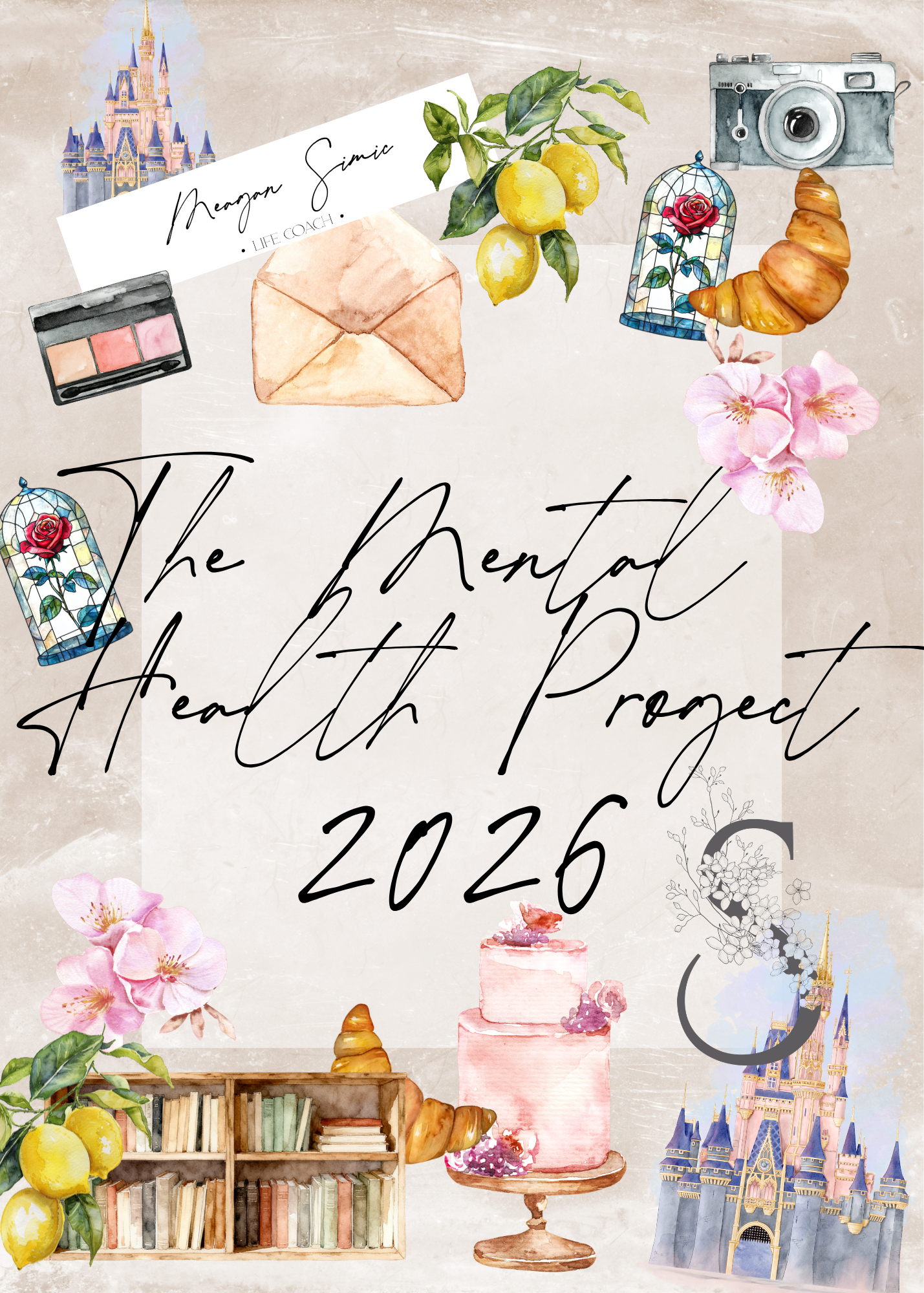 various elements illustrating coach meagan simic's mental health project including a castle, lemons, camera, rose, croissant, an envelope, a makeup pallet, flowers, a wedding cake, a bookshelf, and a decorated S