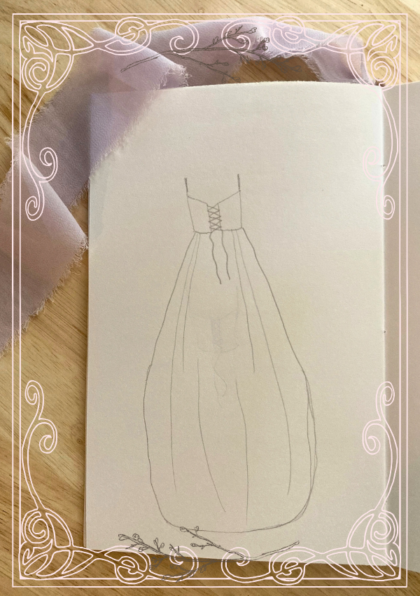 hand drawn wedding dress with lace up corset and train