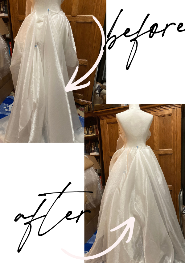 fabric draped on mannequin before a hoop skirt is used and fabric draped on a mannequin after a hoop skirt is added for volume