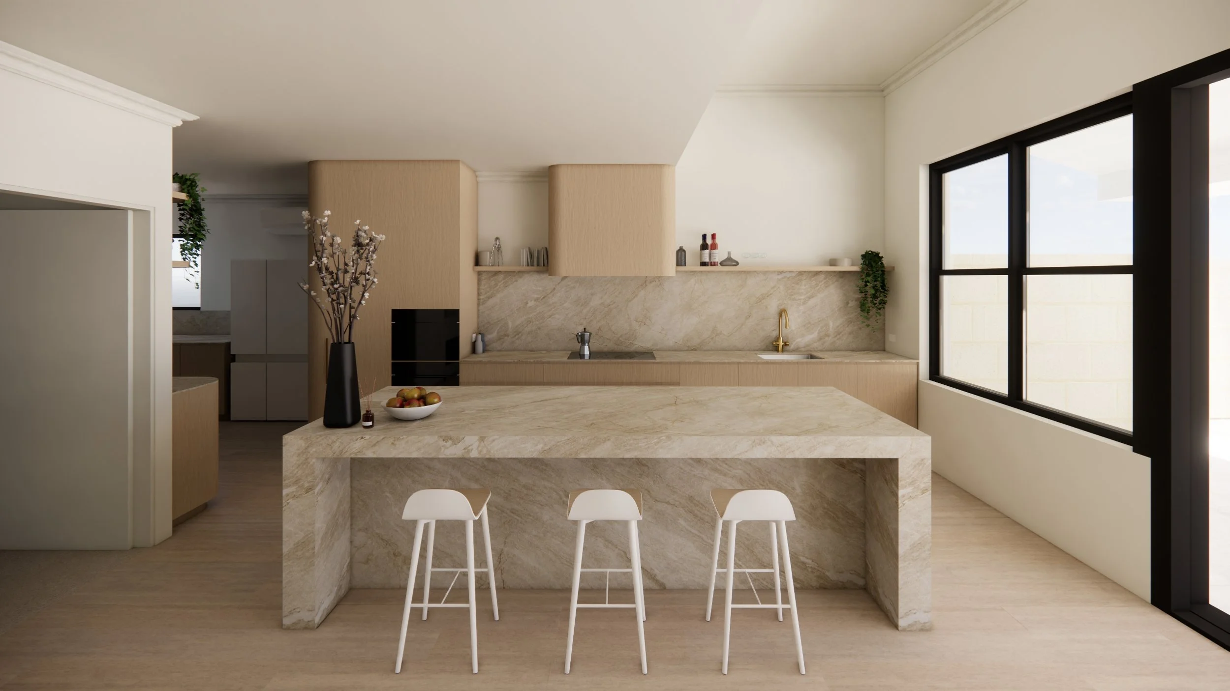 Modern kitchen with beige marble island (Taj Mahal) , white bar stools, and large window. Decor includes a black vase with flowers, a bowl of apples, and small bottles.