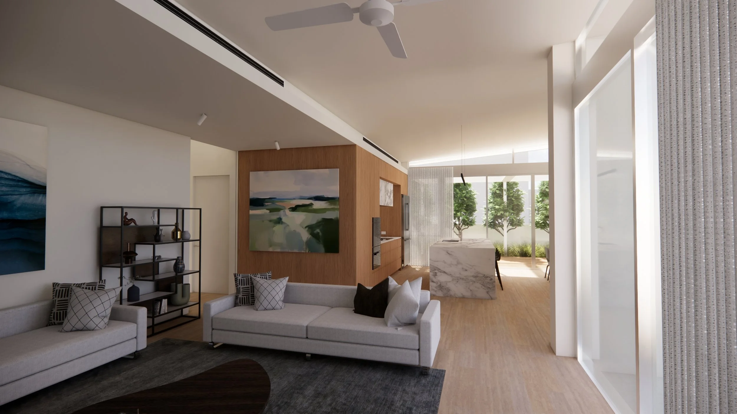 Modern open-concept living area with white sofas, patterned pillows, black shelving unit with decorative items, large painting on wall, wooden accents, marble kitchen island, and floor-to-ceiling windows with view of trees outside.