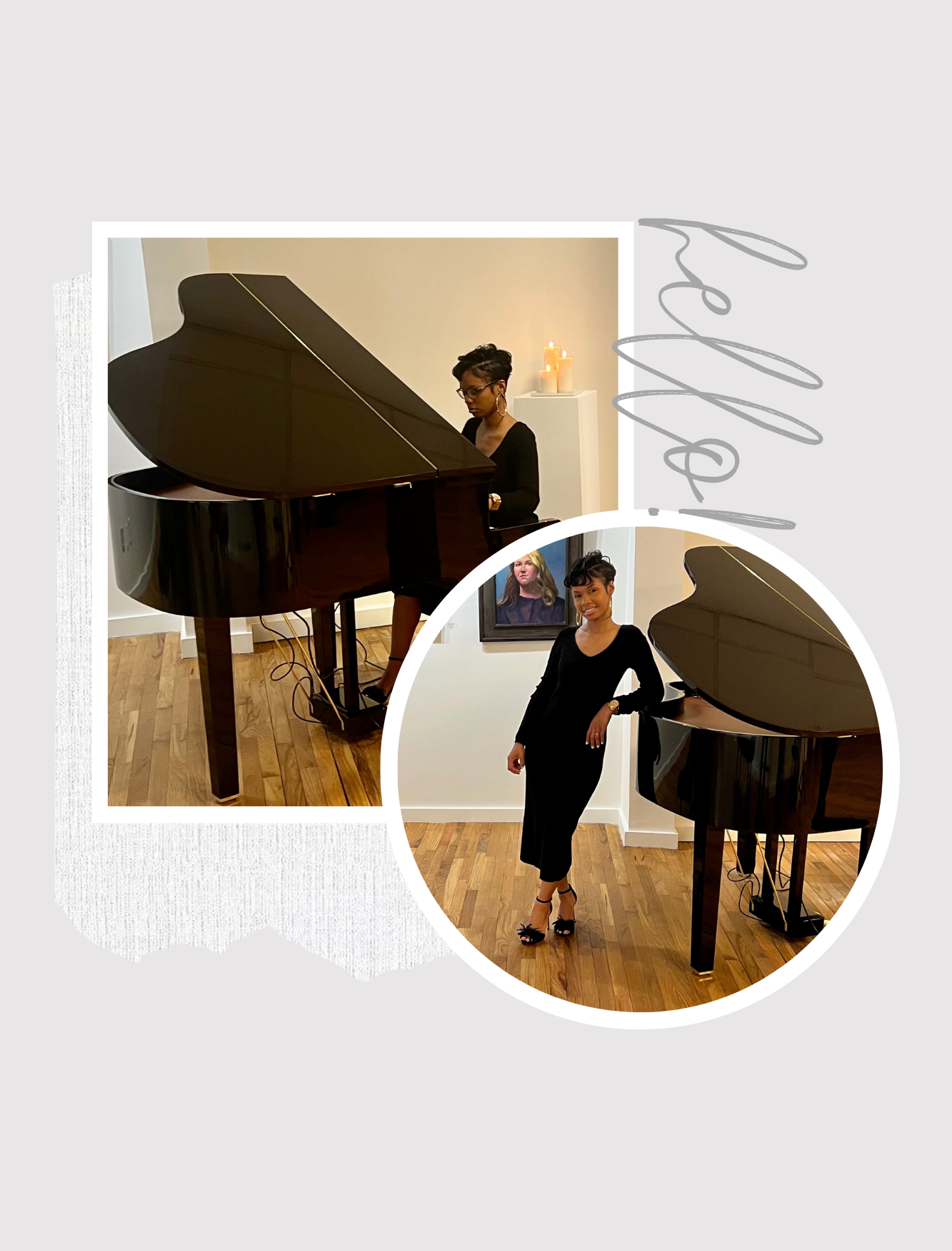 A woman in a black dress standing next to a grand piano in an art gallery. The gallery has wooden floors, white walls, and a framed painting. Candles are on a pedestal in the background.
